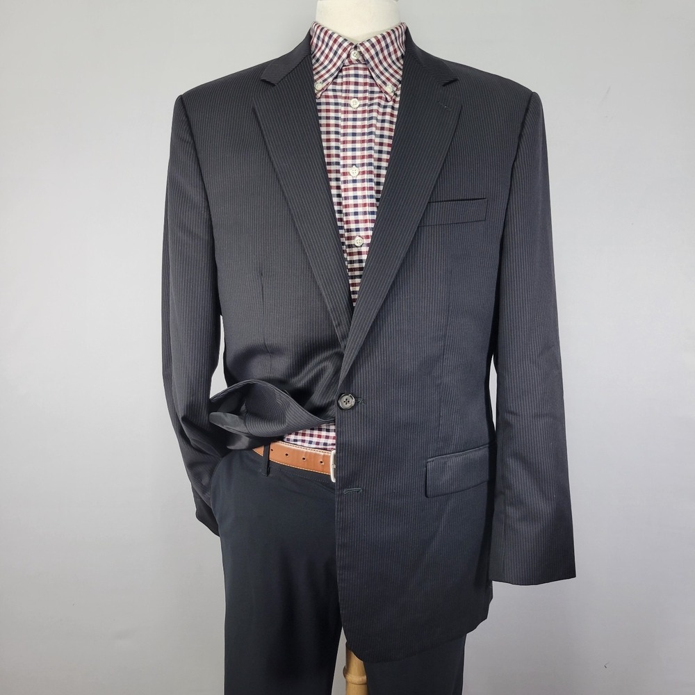 Ralph‎ Lauren Men's Sport Coat Blazer Two Button Black Pin Striped Wool 44L